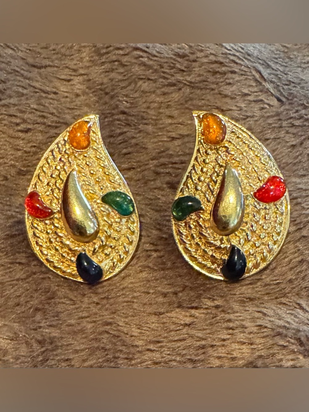 Vintage Avon Paisley Earrings—GoldTone w/Red, Blue, Green, & Orange Accents